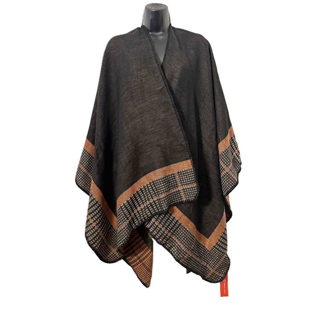 NWT Urban Coco Poncho Womens One Size Black Brown Tan Knit Geometric Open Front